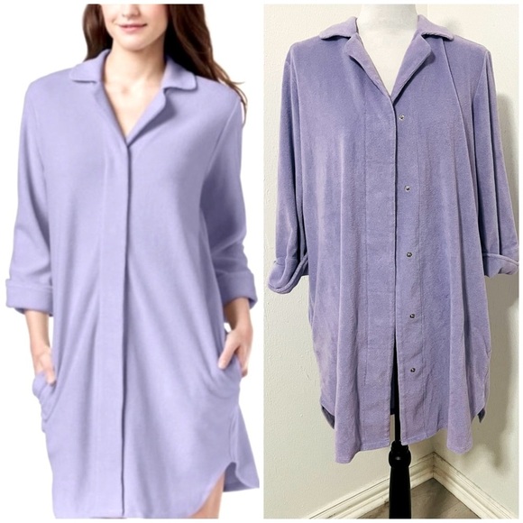 CHARTER CLUB Women’s Large Lavender Snap Button Front Shower Robe Pockets Cotton - Picture 1 of 8